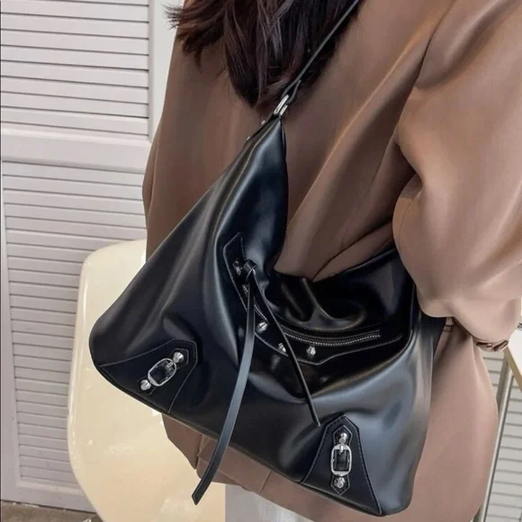 NEW Black Faux Leather Silver Studded Hobo Bag OS - Picture 1 of 6